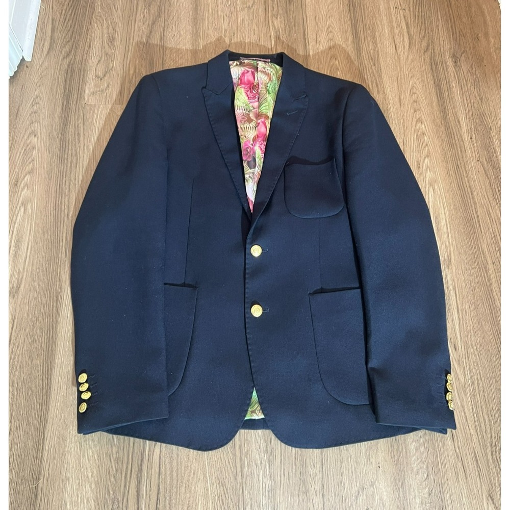 William Hunt Savile Row Mens Blazer 40 Black Wool Blend Gold Buttons Floral